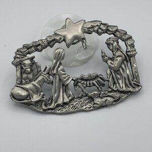 Nativity Scene Window Suction Cup Ornament - Pewter Style - Christmas Decoration
